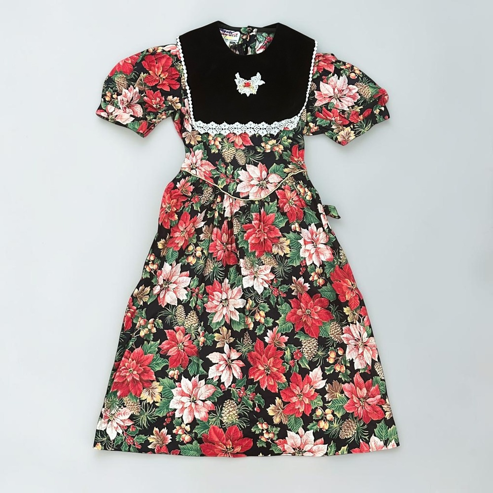 Vintage Emily West Velvet Bib Poinsettia Christmas‎ Dress Girls Size 12 Holiday